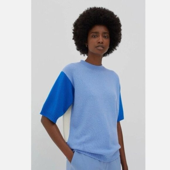 Chinti & Parker Cashmere & Wool Short Sleeve Sweater Blue & Cream Size Medium - Picture 1 of 10